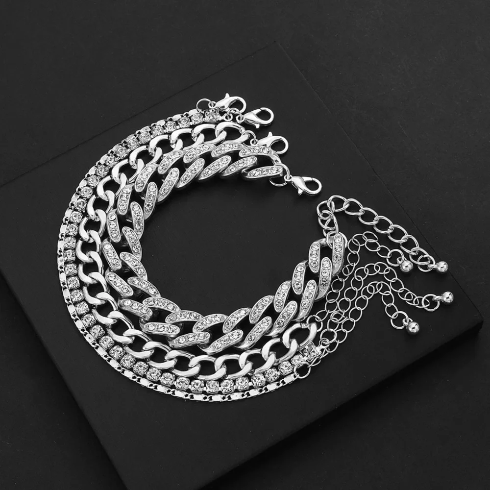 Silver Chunky Bracelet Set with Rhinestones - Picture 2 of 11